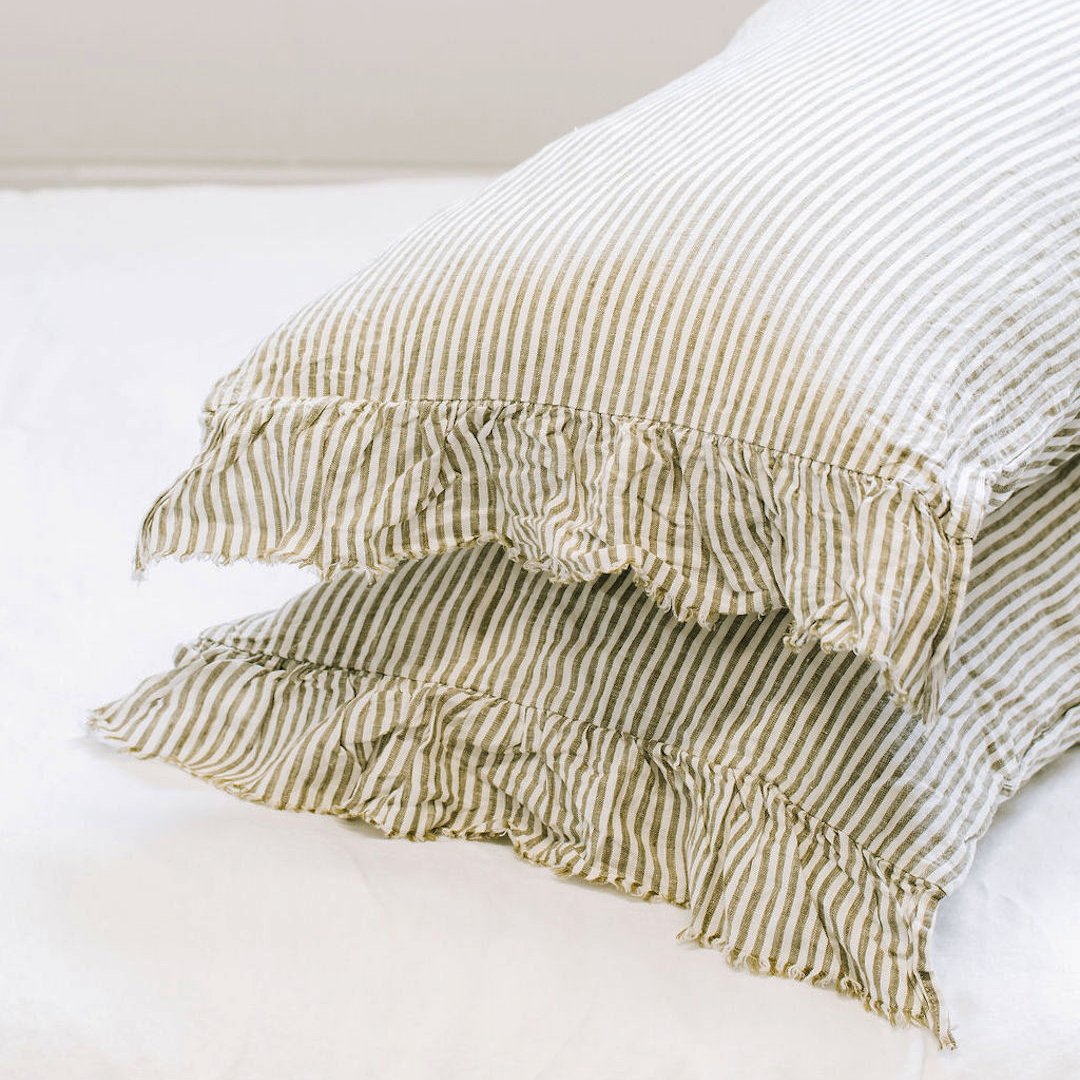 Toetoe Linen Ruffle Pillowcase Pair Olive Stripe