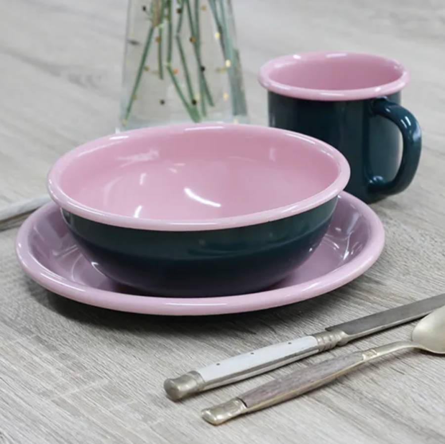 Enamel Bowl - Dark Green & Pink