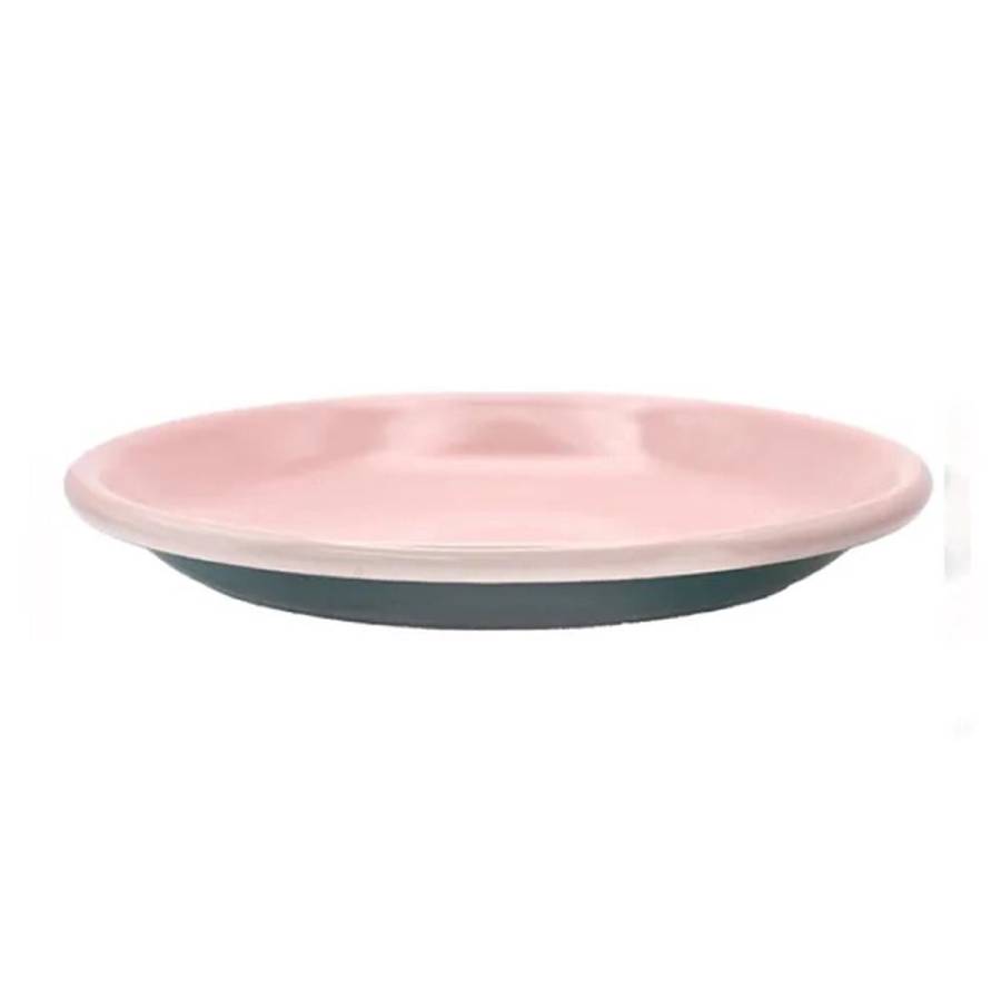 Enamel Service Plate - Dark Green & Pink