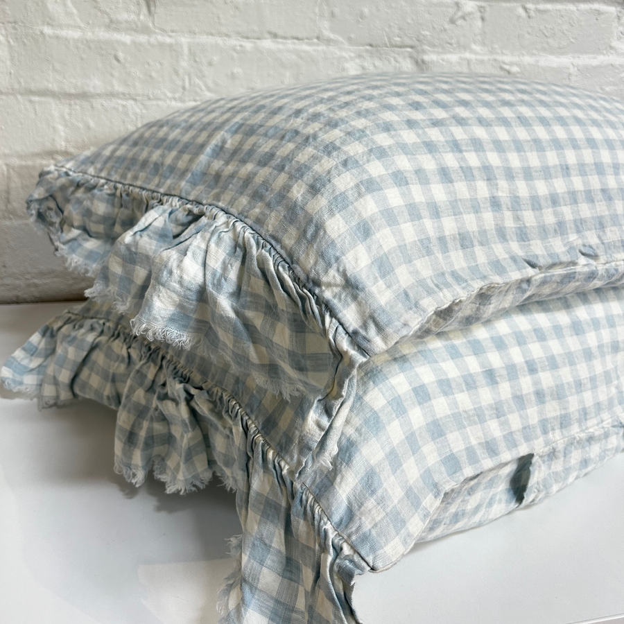 Toetoe Linen Ruffle Pillowcase Pair - Sky Gingham