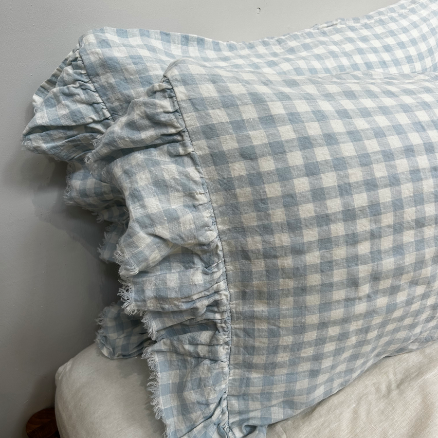 Toetoe Linen Ruffle Pillowcase Pair - Sky Gingham